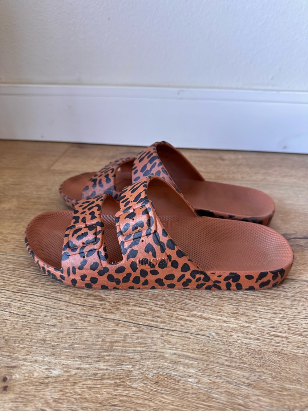Freedom Moses Leopard Print Two-Strap Slide Sandals - Rust Brown
